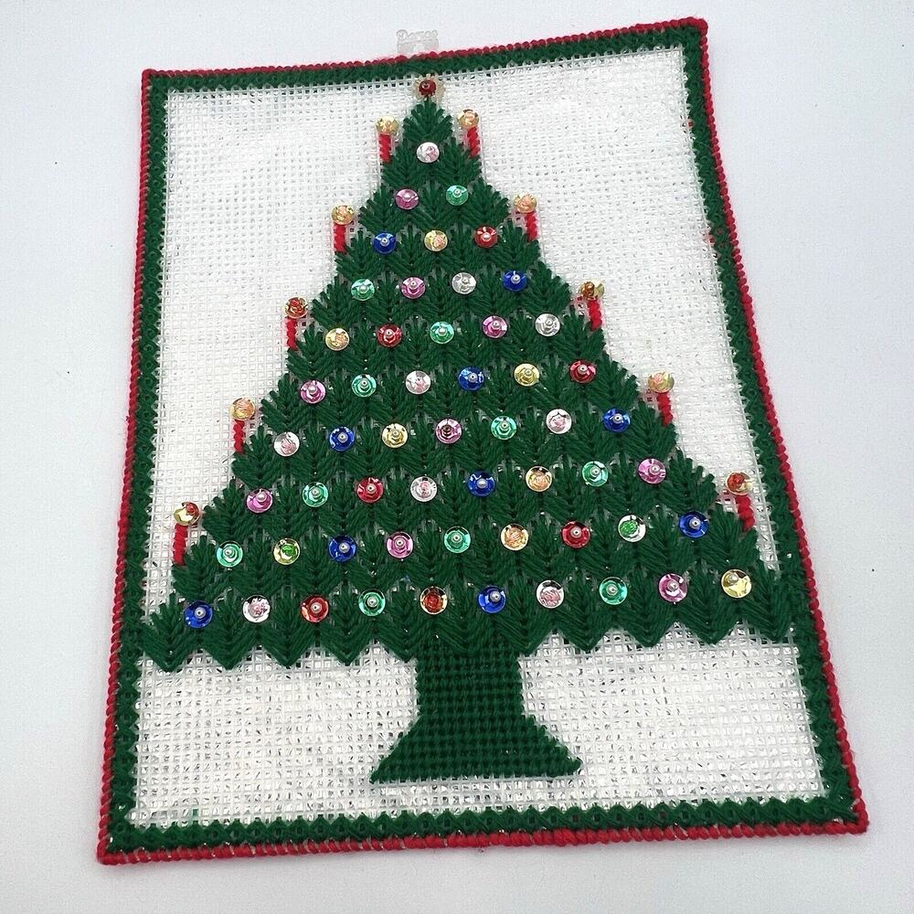 Vtg Christmas Tree Yarn Art Plastic Canvas Sequins Wall Hanging Craft Decor 14"